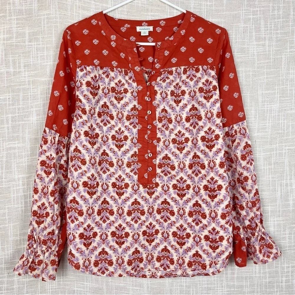 SUNDANCE Explorer Patchwork Orange Lavender Block Print Henley Boho Top